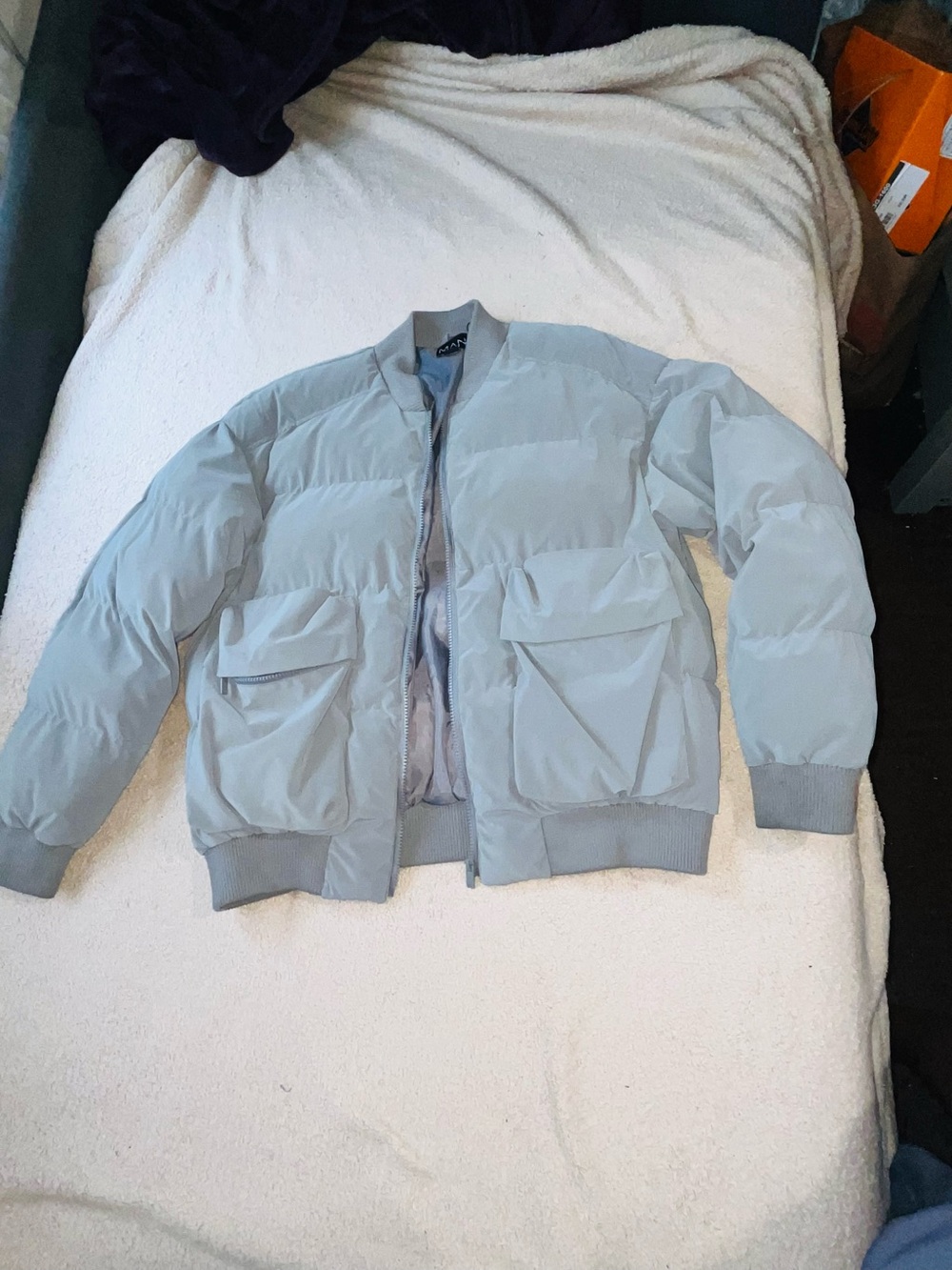 Boohoo Light Gray Men's Puffer Bomber Jacket